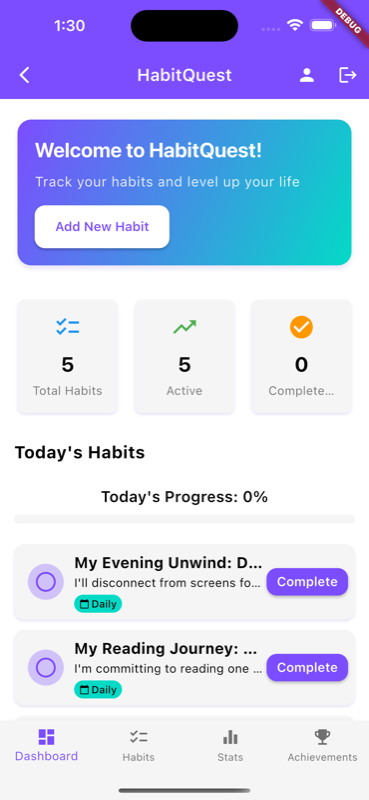 Habit Quest home screen